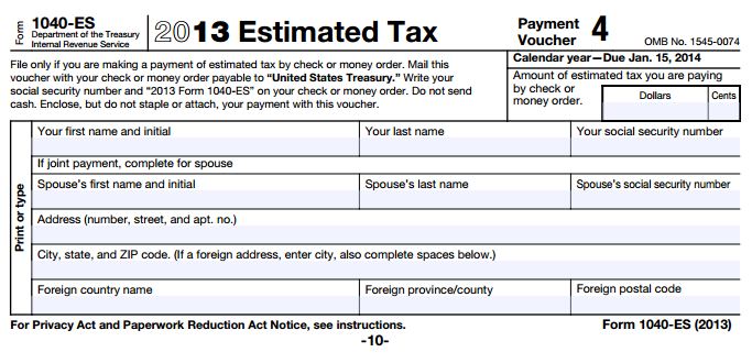 IRS Form 1040 ES for Quarterly Estimated Tax Payments