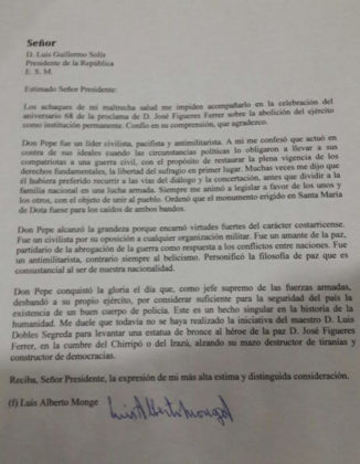 Luis Alberto Monge's letter to Solís